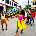 **Jamaican Culture and Music**: Create an image depicting a vibrant street scene in Kingston, Jamaica, featuring musicians playing reggae music, colorful street art, and people dancing joyfully. The atmosphere should reflect the rich cultural heritage of Jamaica, showcasing elements like traditional clothing and a lively festival setting.