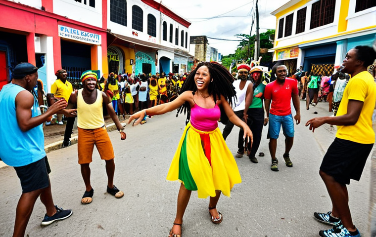 **Jamaican Culture and Music**: Create an image depicting a vibrant street scene in Kingston, Jamaica, featuring musicians playing reggae music, colorful street art, and people dancing joyfully. The atmosphere should reflect the rich cultural heritage of Jamaica, showcasing elements like traditional clothing and a lively festival setting.