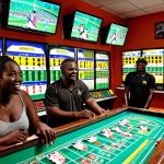 **A vibrant Jamaican betting shop:** Capture the lively atmosphere of a local betting shop on a busy evening. Show people passionately discussing sports, analyzing strategies, and sharing the excitement. Include details like betting slips, screens displaying odds, and local Jamaican flair in the decor. The scene should convey a sense of community and shared passion for sports.