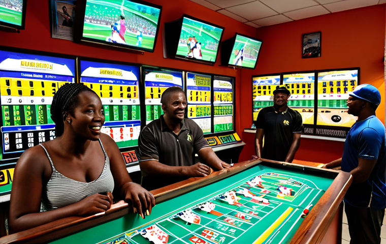 **A vibrant Jamaican betting shop:** Capture the lively atmosphere of a local betting shop on a busy evening. Show people passionately discussing sports, analyzing strategies, and sharing the excitement. Include details like betting slips, screens displaying odds, and local Jamaican flair in the decor. The scene should convey a sense of community and shared passion for sports.