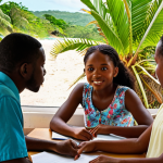 **

A vibrant scene in Jamaica. Focus on a classroom setting with international students actively participating in an English lesson. The teacher is a native English speaker, possibly Jamaican, engaging with the students. Include elements of the Jamaican landscape visible through a window, perhaps palm trees or a glimpse of the ocean. Capture the feeling of cultural immersion and language learning.

**