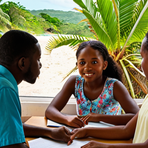 Home 18 **
A vibrant scene in Jamaica. Focus on a classroom setting with international students actively participating in an English lesson. The teacher is a native English speaker, possibly Jamaican, engaging with the students. Include elements of the Jamaican landscape visible through a window, perhaps palm trees or a glimpse of the ocean. Capture the feeling of cultural immersion and language learning.
**