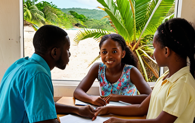 **
A vibrant scene in Jamaica. Focus on a classroom setting with international students actively participating in an English lesson. The teacher is a native English speaker, possibly Jamaican, engaging with the students. Include elements of the Jamaican landscape visible through a window, perhaps palm trees or a glimpse of the ocean. Capture the feeling of cultural immersion and language learning.
**