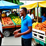 A vibrant street scene capturing the essence of Jamaican Patois in daily life. A friendly Jamaican local, fully clothed in modest, colorful everyday attire, is engaged in lively conversation. The setting is a bustling market stall in Kingston, filled with fresh tropical produce and vibrant textiles. Other people in the background are also fully clothed in appropriate attire, adding to the authentic, community atmosphere. The lighting is warm and natural, evoking a bright Caribbean day. This image should convey a sense of cultural identity and genuine interaction. Safe for work, appropriate content, family-friendly, perfect anatomy, correct proportions, natural pose, well-formed hands, proper finger count, natural body proportions.