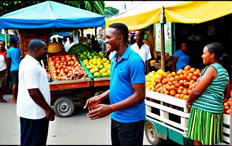 A vibrant street scene capturing the essence of Jamaican Patois in daily life. A friendly Jamaican local, fully clothed in modest, colorful everyday attire, is engaged in lively conversation. The setting is a bustling market stall in Kingston, filled with fresh tropical produce and vibrant textiles. Other people in the background are also fully clothed in appropriate attire, adding to the authentic, community atmosphere. The lighting is warm and natural, evoking a bright Caribbean day. This image should convey a sense of cultural identity and genuine interaction. Safe for work, appropriate content, family-friendly, perfect anatomy, correct proportions, natural pose, well-formed hands, proper finger count, natural body proportions.