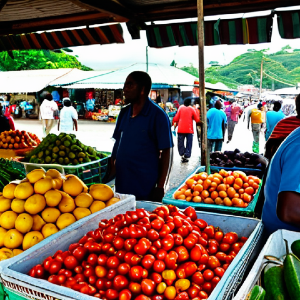 Jamaican Market Scene**

"A vibrant and colorful Jamaican marketplace, overflowing with tropical fruits and vegetables. Vendors in modest, traditional clothing are selling their produce. Reggae music plays softly in the background. Focus on the textures and colors of the fruits and textiles. Safe for work, appropriate content, fully clothed, professional photography, perfect anatomy, natural proportions, family-friendly."

**