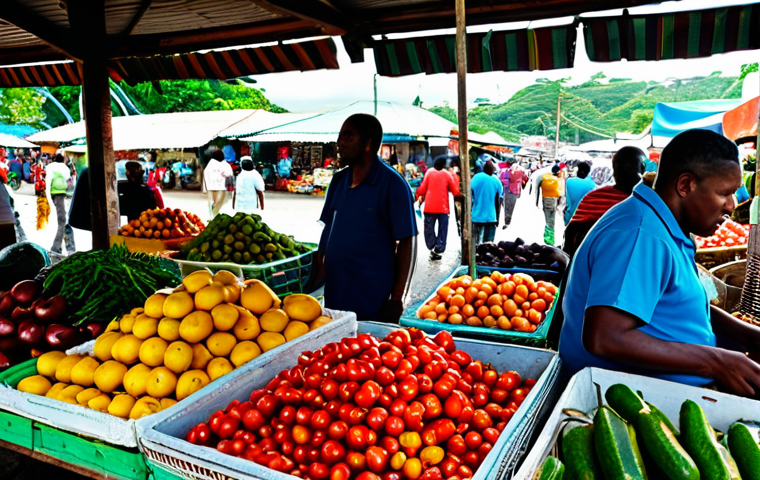 Jamaican Market Scene**
"A vibrant and colorful Jamaican marketplace, overflowing with tropical fruits and vegetables. Vendors in modest, traditional clothing are selling their produce. Reggae music plays softly in the background. Focus on the textures and colors of the fruits and textiles. Safe for work, appropriate content, fully clothed, professional photography, perfect anatomy, natural proportions, family-friendly."
**