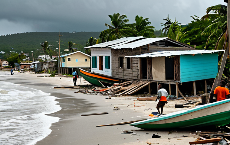 Hurricane Aftermath**
"A coastal village in Jamaica after a hurricane. Overturned boats, debris scattered on the beach, partially damaged houses with some roofs missing. People helping each other clean up and repair. Grey sky. Safe for work, appropriate content, fully clothed, professional photojournalism, showing resilience in the face of natural disaster, natural proportions."
**
