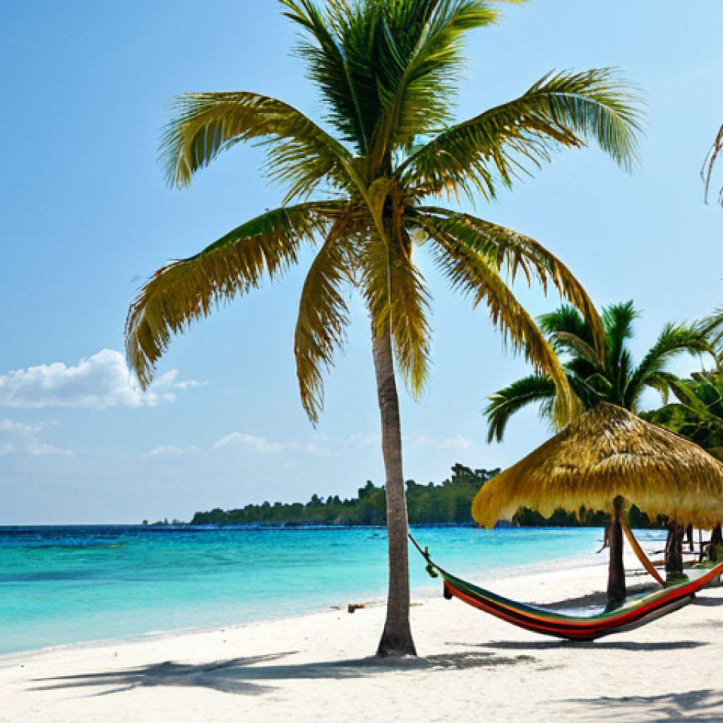 Relaxing Jamaican Beach Scene**

"A wide shot of Seven Mile Beach in Negril, Jamaica. Calm turquoise water laps against the white sand. Palm trees sway gently in the breeze. In the distance, a few people relax in hammocks or stroll along the shore, fully clothed in casual beach attire. Safe for work, appropriate content, family-friendly, perfect anatomy, natural proportions, professional photography, high quality."

**