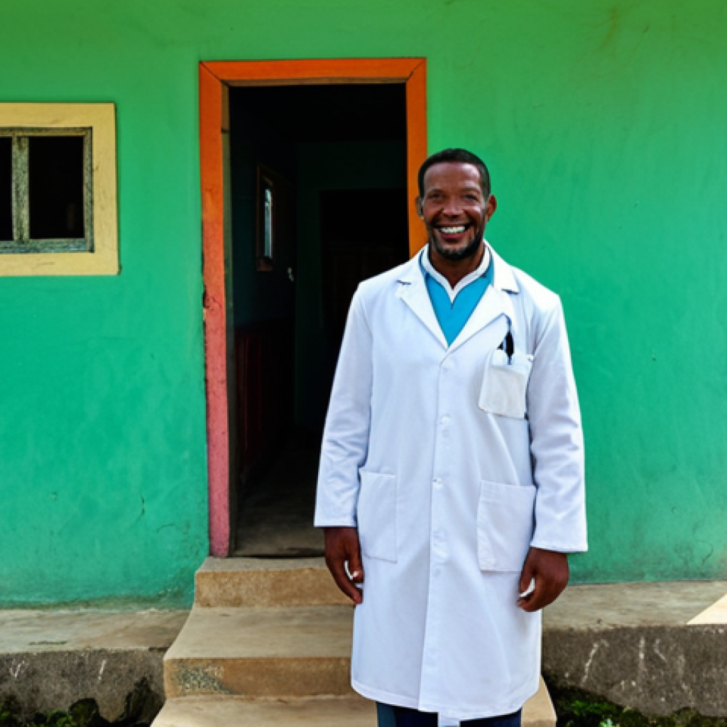 자메이카의 의료 시스템 - Rural Healthcare**
"A fully clothed, friendly doctor wearing a lab coat, visiting a small, modest h...