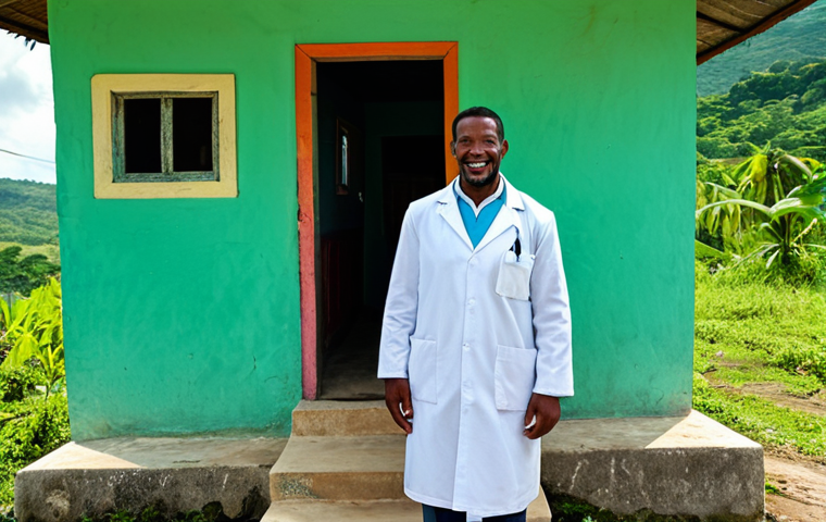 자메이카의 의료 시스템 - Rural Healthcare**

"A fully clothed, friendly doctor wearing a lab coat, visiting a small, modest h...
