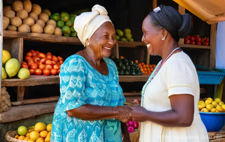 자메이카 치안 문제 및 대비법 - **"A heartwarming scene of cultural exchange in a vibrant Jamaican town.** A female tourist, aged ar...
