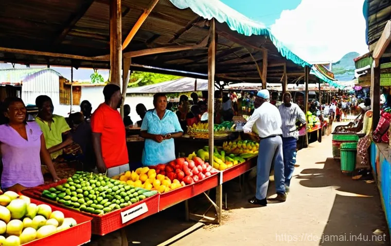 자메이카 여행 비용과 예산 짜기 - **Prompt 1: Vibrant Jamaican Local Market**
"A bustling, open-air local market in Jamaica, fille...