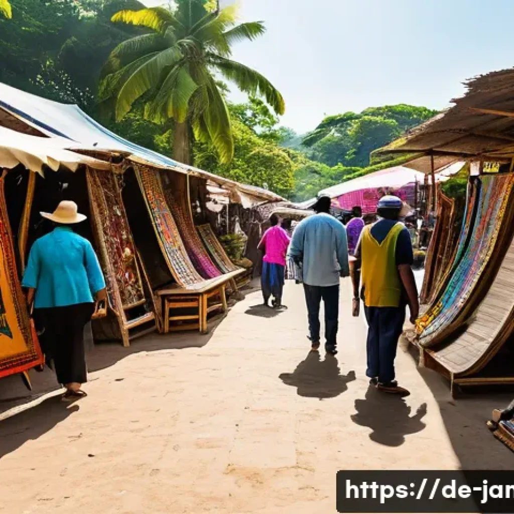 자메이카 민속 예술과 공예품 - **Prompt:** A vibrant, bustling open-air Jamaican folk art market under a clear, sunny sky. The scen...