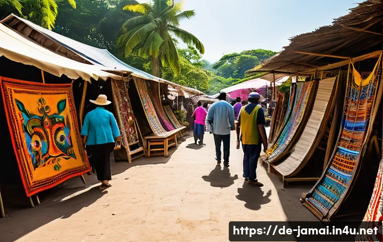자메이카 민속 예술과 공예품 - **Prompt:** A vibrant, bustling open-air Jamaican folk art market under a clear, sunny sky. The scen...