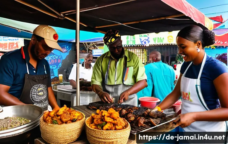자메이카와 트리니다드토바고 비교 - **Vibrant Jamaican Jerk Street Food Experience:**
A bustling and authentic street food stall in ...