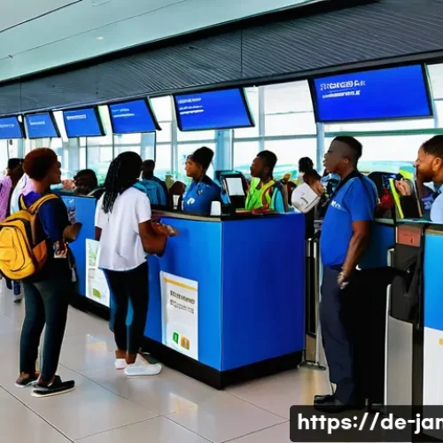 자메이카 비자 및 입국 절차 - A busy Jamaican airport immigration scene showing diverse travelers presenting passports and documen...
