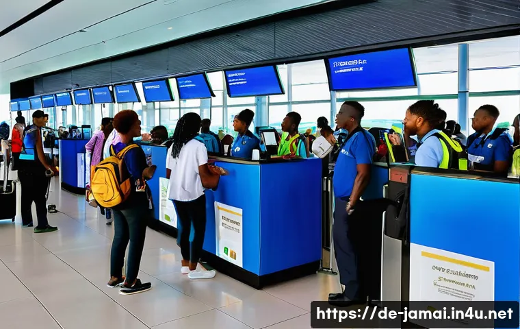 자메이카 비자 및 입국 절차 - A busy Jamaican airport immigration scene showing diverse travelers presenting passports and documen...