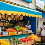 자메이카에서 신용카드 사용 가능 여부 - A vibrant street market scene in Jamaica during daytime, showing a diverse group of tourists and loc...