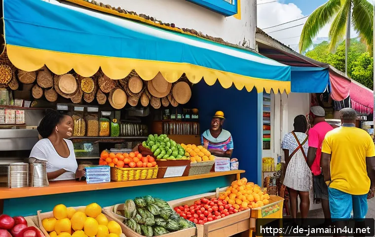 자메이카에서 신용카드 사용 가능 여부 - A vibrant street market scene in Jamaica during daytime, showing a diverse group of tourists and loc...