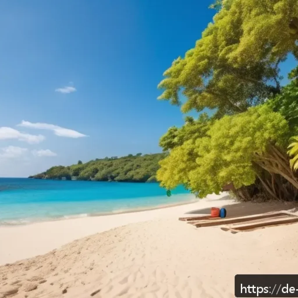 자메이카에서 한국인 여행자의 경험 - A secluded Jamaican beach at the south coast, framed by dense, lush tropical greenery and vibrant fl...