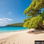자메이카에서 한국인 여행자의 경험 - A secluded Jamaican beach at the south coast, framed by dense, lush tropical greenery and vibrant fl...