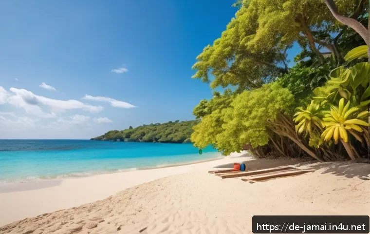 자메이카에서 한국인 여행자의 경험 - A secluded Jamaican beach at the south coast, framed by dense, lush tropical greenery and vibrant fl...