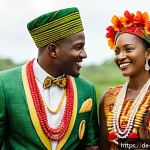 자메이카에서 결혼식 문화 - A vibrant Jamaican wedding scene featuring a bride and groom dressed in traditional Kente and Batik ...