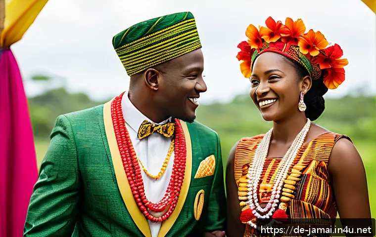 자메이카에서 결혼식 문화 - A vibrant Jamaican wedding scene featuring a bride and groom dressed in traditional Kente and Batik ...