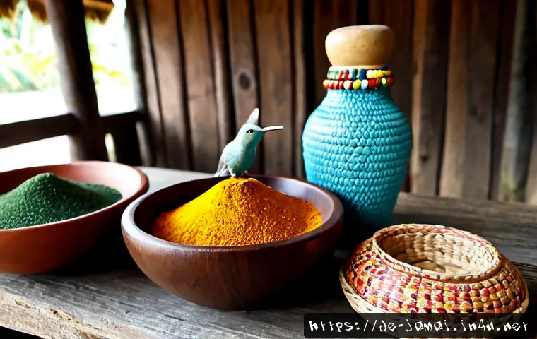Home 17 자메이카에서 인기 있는 기념품 - Photorealistic close-up of popular Jamaican souvenirs arranged on a rustic wooden market table: hand...