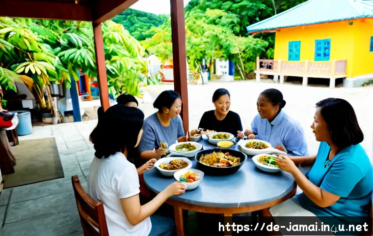 Home 17 자메이카 내 한인 커뮤니티 및 생활 - Photorealistic community gathering in Kingston, Jamaica, Korean Jamaican families and neighbors shar...